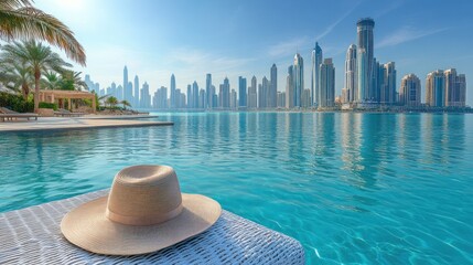 Obraz premium Sunhat poolside, city skyline backdrop, luxury resort