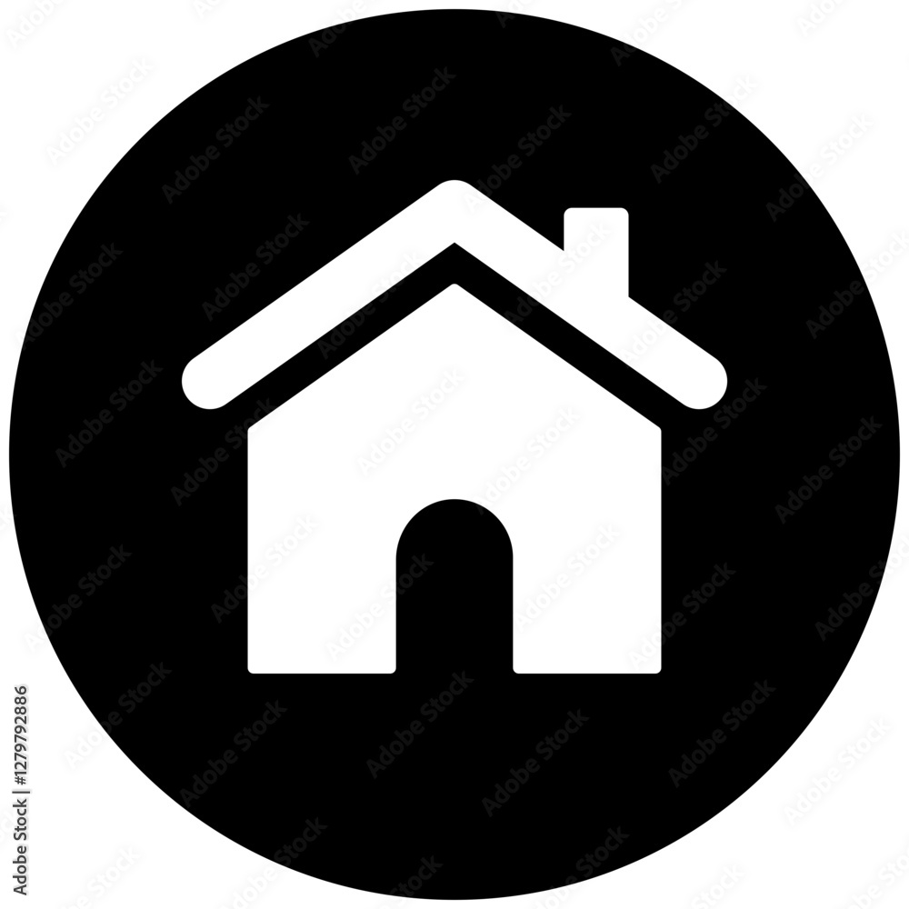 Poster black single round homepage button icon, simple house real estate flat design concept pictogram vect