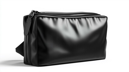 Naklejka premium Ultra-realistic image of a black plastic travel toiletry bag with a zip closure, isolated on a white background 