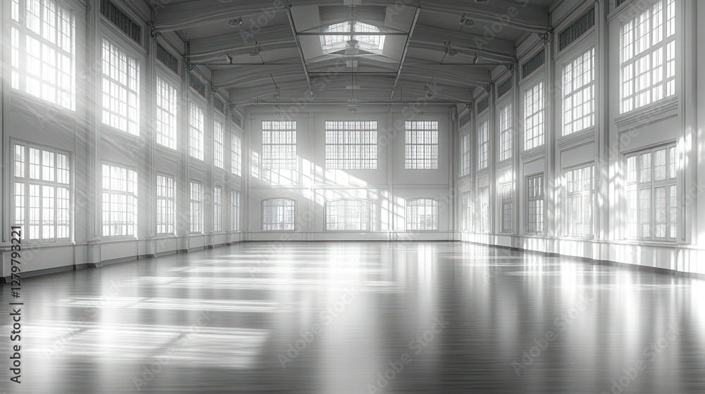 Poster sunlight streams into large, empty warehouse space, perfect for events