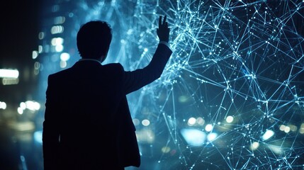 Silhouette of a Businessman Interacting with a Futuristic Digital Network at Night