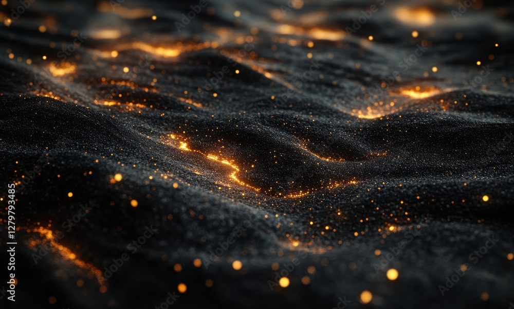 Poster abstract dark landscape with shimmering golden particles creating a mesmerizing and enchanting atmos