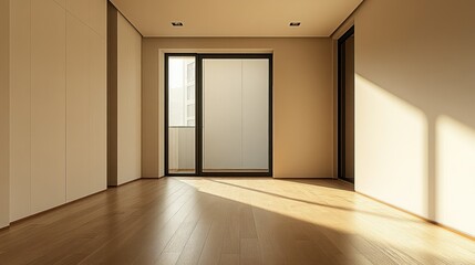 Obraz premium Sunlit empty room, hardwood floor, balcony view, modern apartment, interior design