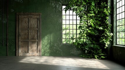 Naklejka premium Lush green ivy grows inside an abandoned room next to a rustic wooden door as sunlight streams through large windows.