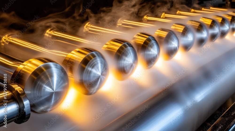 Poster industrial production line with gleaming metallic cylinders moving through a hazy, warm-lit environm