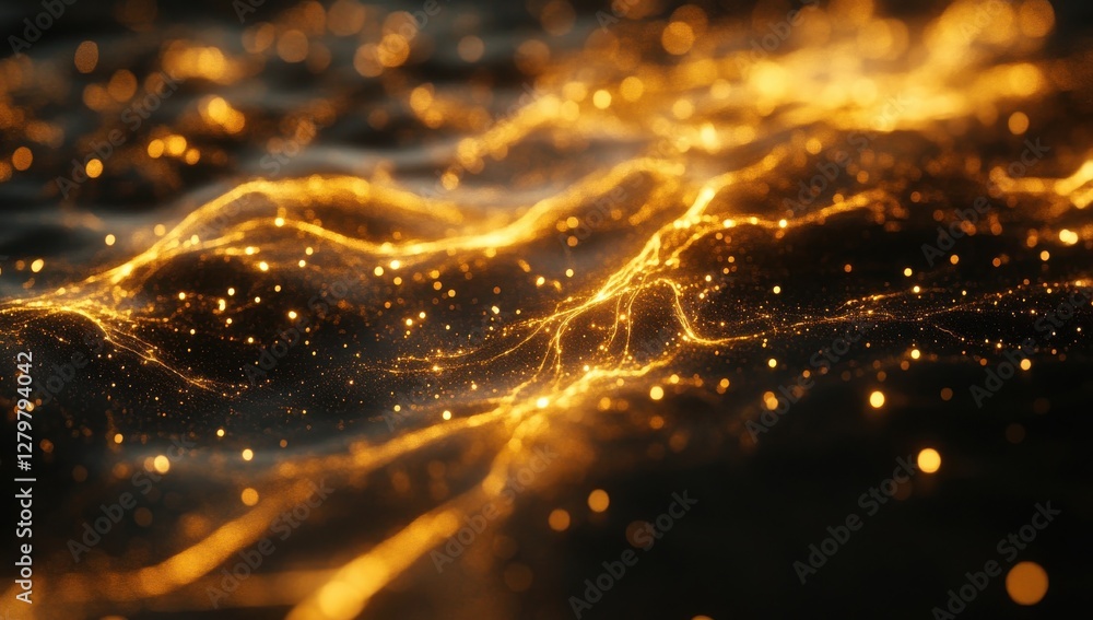 Poster abstract golden waves with shimmering particles creating a mesmerizing and dynamic flowing visual of
