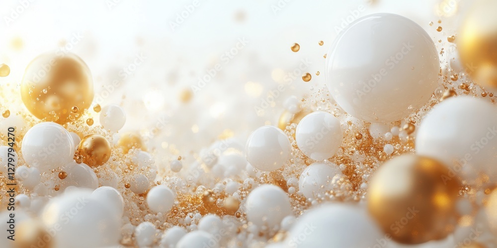 Poster abstract representation of white and gold spheres floating in a luminous background, creating a drea