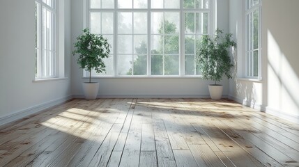 Fototapeta premium Sunlit empty room, hardwood floor, large windows, forest view, home design