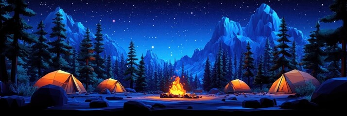 Night camping scene with tents and campfire near snowy mountains under starry sky.