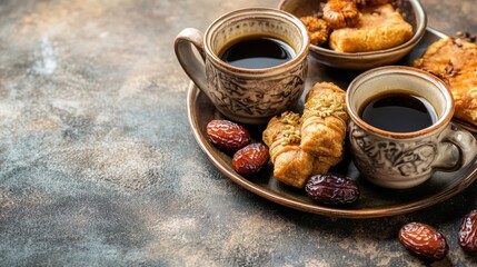 Traditional Coffee and Sweets Arrangement on Rustic Background