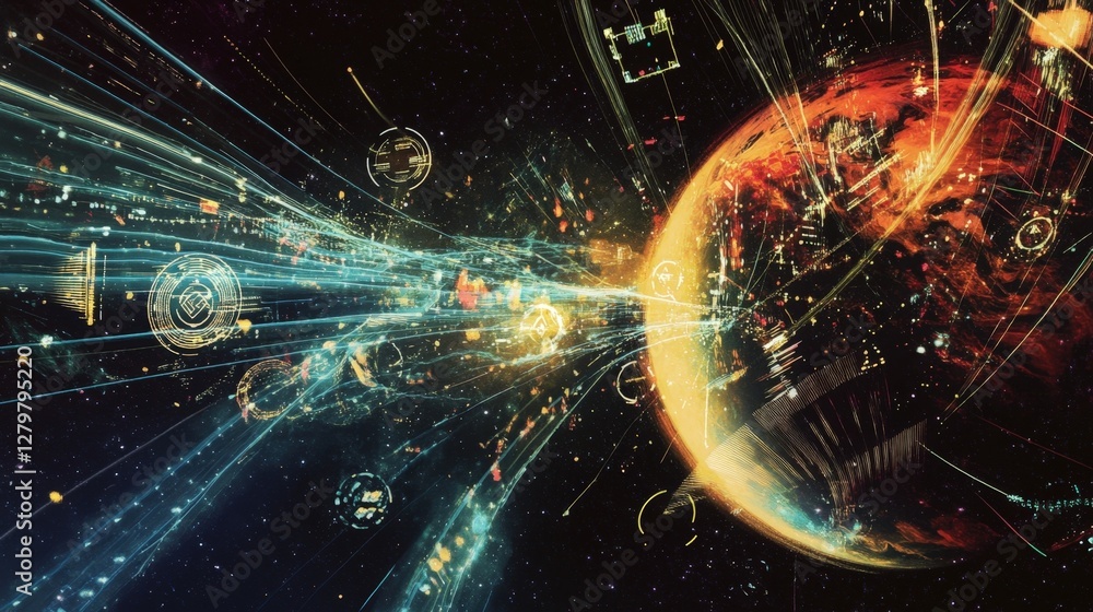 Aufkleber beams of light transmitting data are impacting planet earth, which is surrounded by a futuristic hea