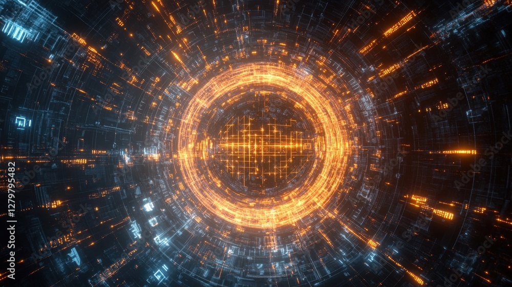 Poster orange and blue glowing futuristic technological circular tunnel is rotating and moving forward, cre