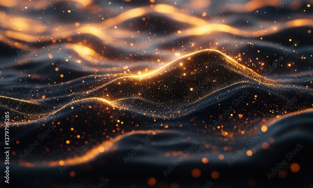 Poster captivating close-up of shimmering water waves with glowing particles illuminated by soft light for 