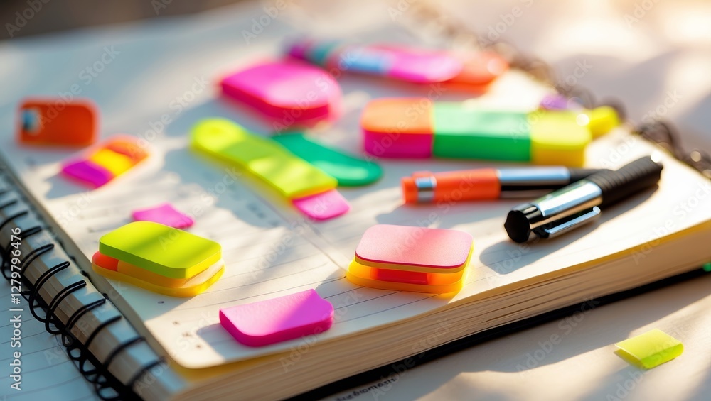 Poster colorful sticky notes and pens arranged on an open notebook on a bright workspace