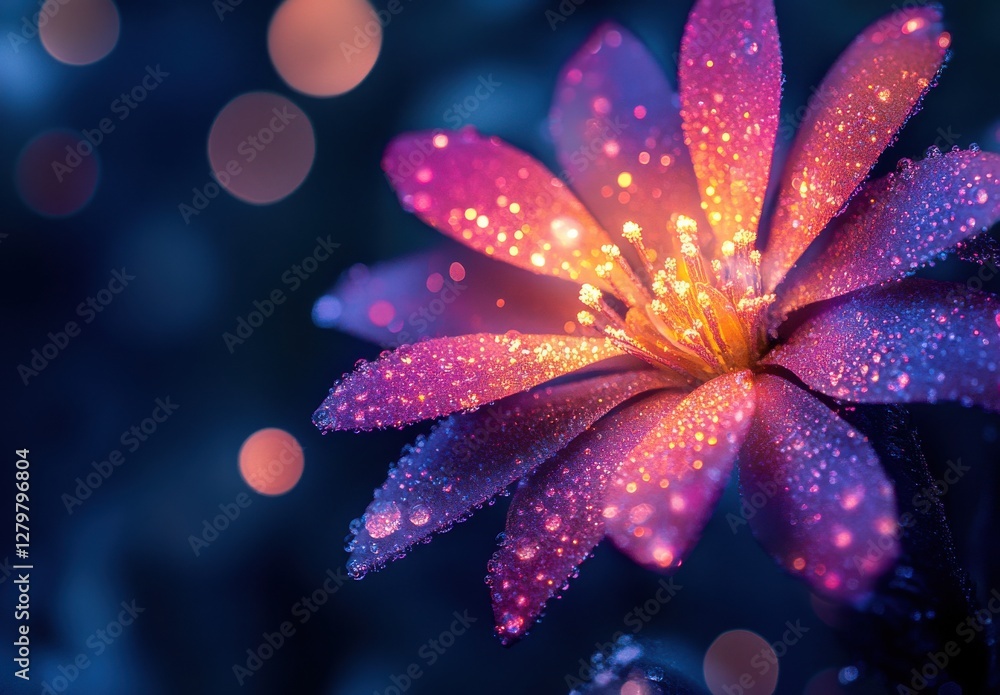 Poster close-up of a vibrant pink flower glimmering with dew drops against a soft blue and orange bokeh bac