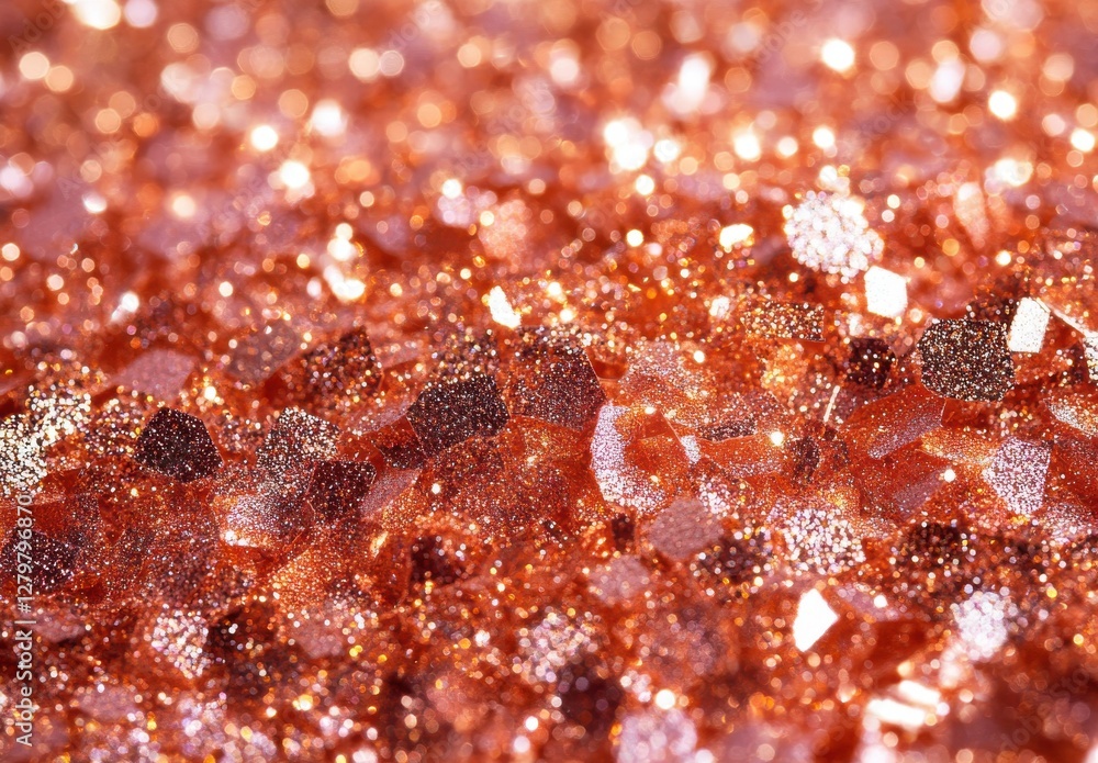 Poster close-up of shimmering copper glitter particles reflecting light in a sparkling display of rich text