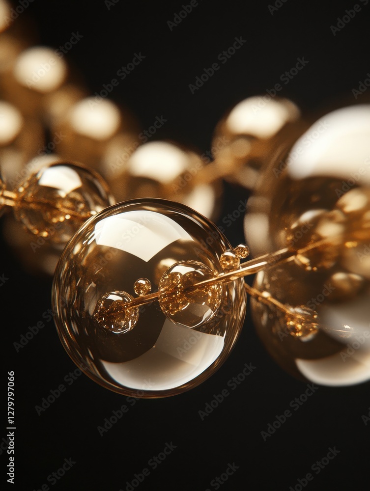 Aufkleber close-up view of glimmering transparent spheres and golden particles against a dark background for s