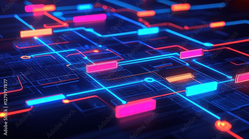 Aufkleber abstract digital network: neon circuitry and data flow