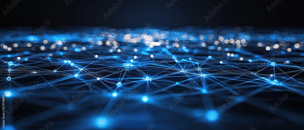 Poster abstract network connections: digital blue nodes and lines