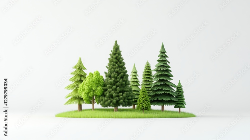 Poster lush green forest with various trees on white background for nature and environment concepts