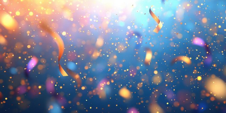 Colorful confetti and shimmering lights create a festive background for celebrations, parties, and joyful occasions with sparkling particles and ribbons