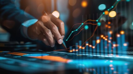 Businessman analyzing data charts on digital tablet, office background