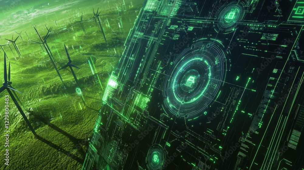Poster futuristic cyber security system managing and protecting wind turbines generating sustainable energy