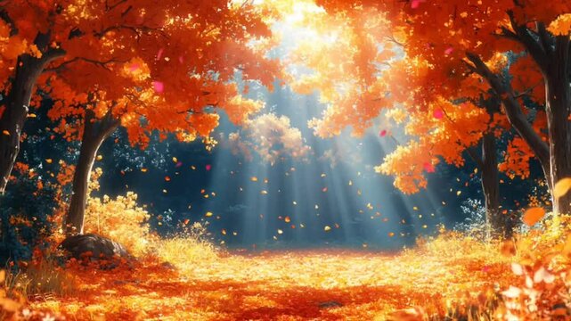 Golden autumn forest with falling leaves illuminated by warm sunbeams through the trees. Seamless looping 4K time-lapse animation video background