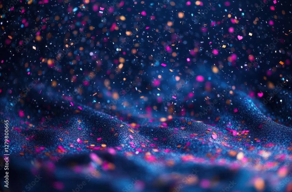 Poster colorful confetti scattered on dark fabric creating a festive and joyous background with sparkling l