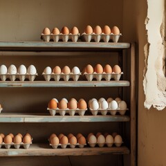 a rack with a large number of packages of chicken eggs