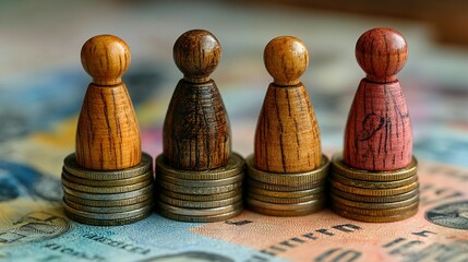 Four wooden figures standing on top of coin stacks