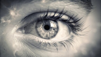 Close-up Monochrome Image of a Human Eye Showing Intricate Details of Iris, Pupil, and Eyelashes