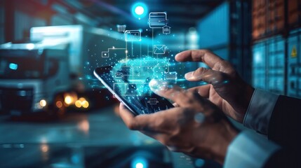 Hands on phone, digital interface, logistics warehouse background, data flow visualization