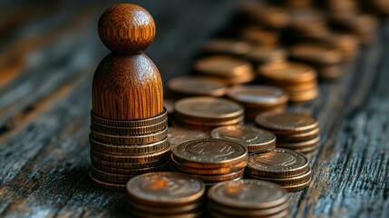 Wooden figure sitting atop a stack of stacked coins showing financial growth
