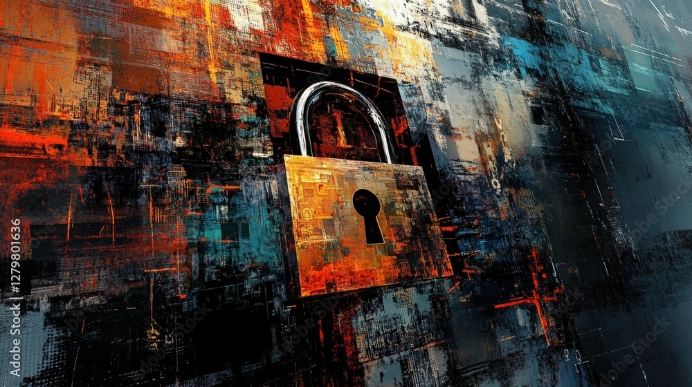 Poster closed padlock securing abstract data flow, providing robust cyber security in a vibrant digital env