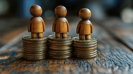 Three wooden figurines sitting on stacks of money coins