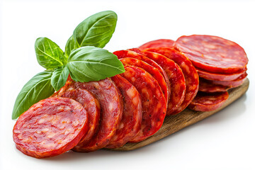 Wooden cutting board with several slices of chorizo, garnished with green basil leaves.