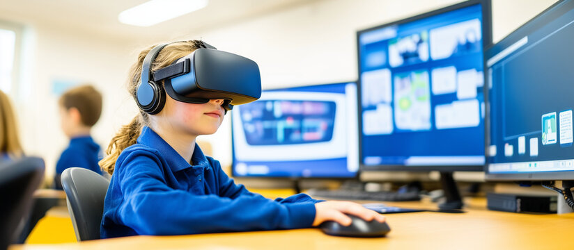school student wearing VR headset in classroom, engaged in learning. immersive technology enhances educational experiences