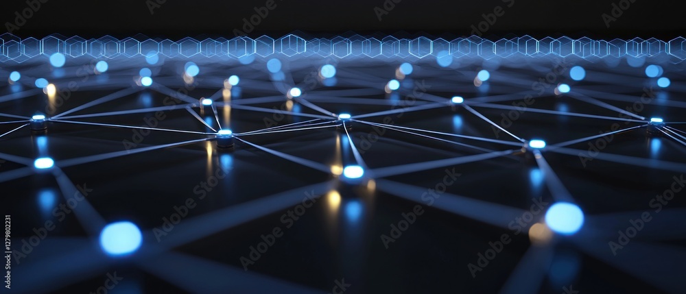 Poster abstract network connection: illuminated nodes and lines representing global digital communication