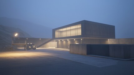Fototapeta premium Modern Minimalist House in Foggy Mountain Landscape