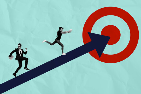 Sketch template design photo collage composite of aspiration strategy achievement progress arrow achieve goal young man lady delivery run