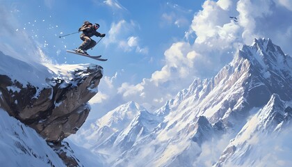 Skier soars off cliff in the snowy mountain range