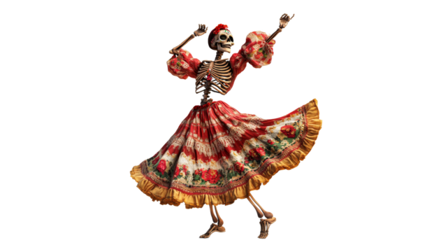 Skeleton in vibrant traditional dance