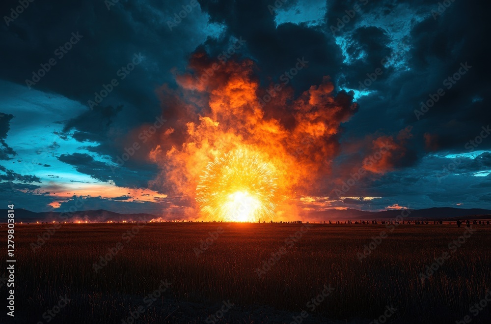 Poster dramatic explosion in a vast open field against a darkening sky with colorful clouds at dusk capture