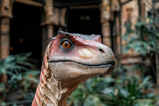 Close-up of a realistic animatronic dinosaur head.