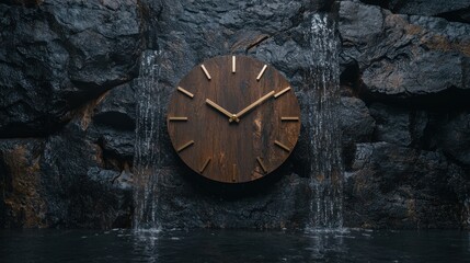 A wooden clock hangs on a rock wall with water flowing around it.