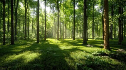 Fototapeta premium Sunlit Forest Path: A Tranquil Escape into Nature's Embrace