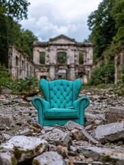 An armchair sits among the ruins of a building.