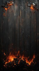 Burning coal - smoldering briquette, glowing ember, blackened timber, warm texture, fiery glow, scorched wood, campfire aesthetic, dark composition, ember heat, charred texture, rustic background.