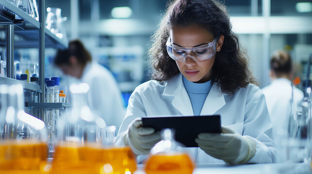 A Woman in a Scientific Laboratory, Mixing Chemicals and Analyzing Data on a Tablet, Futuristic Lab Design. Women's empowerment and technology.